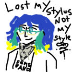A blue, green, and yellow-haired woman with a bandana and glasses, in front of text reading 'lost my stylus, not my style.'